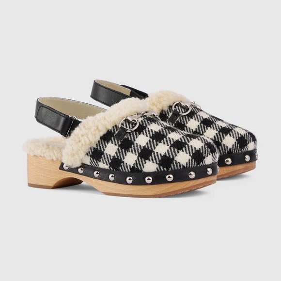 NEW GUCCI Shoes Clogs Wool Black Ivory Horsebit Sz 32 Children’s